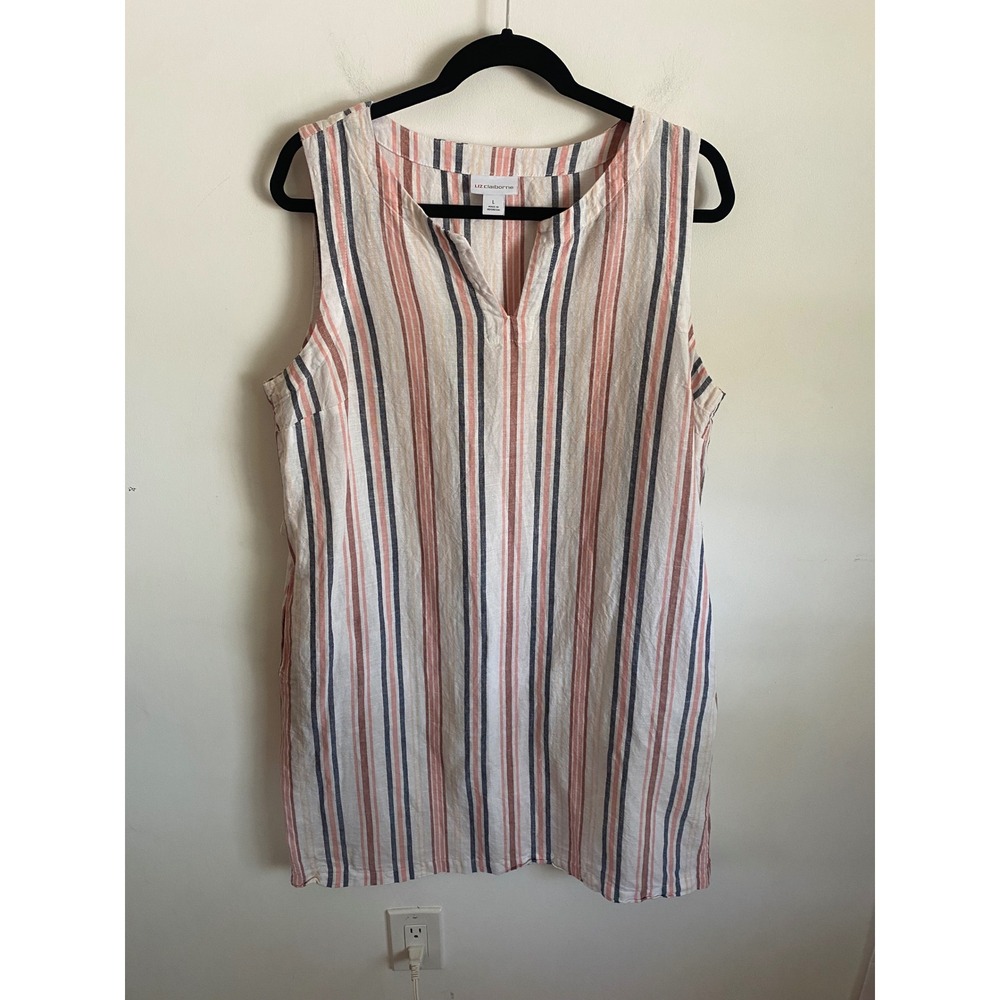 Liz Claiborne Womens Linen Blend Striped Sleeveless Shift Dress Pockets Large